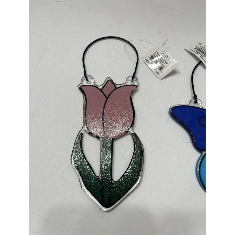 Mud Pie Suncatchers Set Of 2 Pink Tulip Blue Butterfly Black Metal Frame Hook